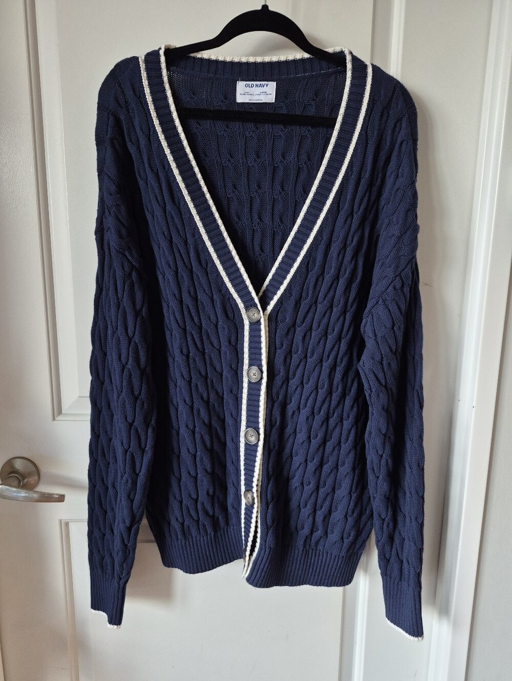 Navy Blue Cable Knit Cardigan with White Trim - Size Medium Tall